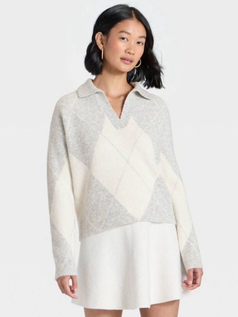 Cozy Oversized Knit Polo Sweater Argyle Grey Cream - Large